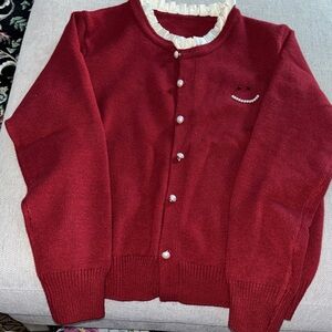 Red white silk ruffle collar and pearl buttons